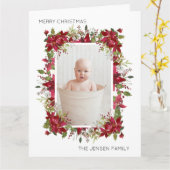 Carte Joyeux Noël Rouge Poinsettias Vert Blanc (Fleur jaune)