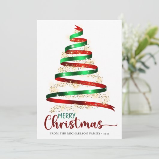 Carte Joyeux Noël Ruban Tree Gold Parties scintillant (Debout devant)