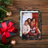 Carte Joyeux Noël Rustique 1 Photo Tartan bleu Plaid