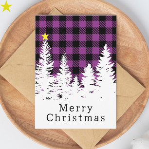 Carte Joyeux Noël rustique plaid de buffle violet forêt