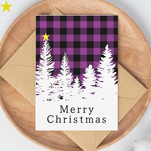 Carte Joyeux Noël rustique plaid de buffle violet forêt
