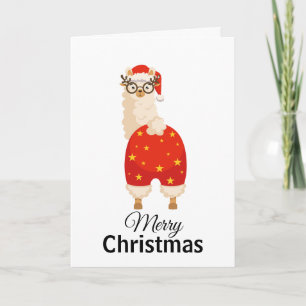Carte Joyeux Noël Simple Lama Santa Dessin Animé Mignon