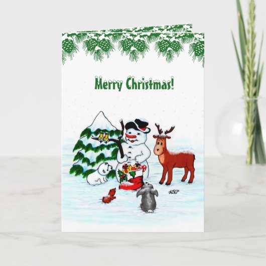 Carte Joyeux Noël ! Snowman avec amis (Devant)