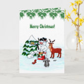 Carte Joyeux Noël ! Snowman avec amis (Fleur jaune)