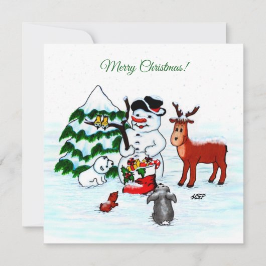 Carte Joyeux Noël ! Snowman avec amis (Devant)