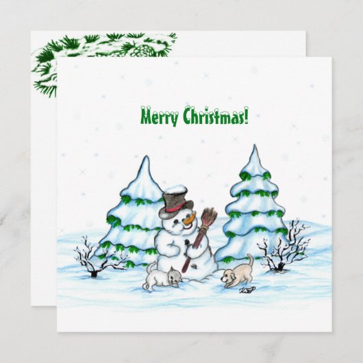 Carte Joyeux Noël ! Snowman avec chat et chiot (Devant / Derrière)