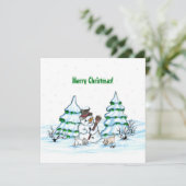 Carte Joyeux Noël ! Snowman avec chat et chiot (Debout devant)