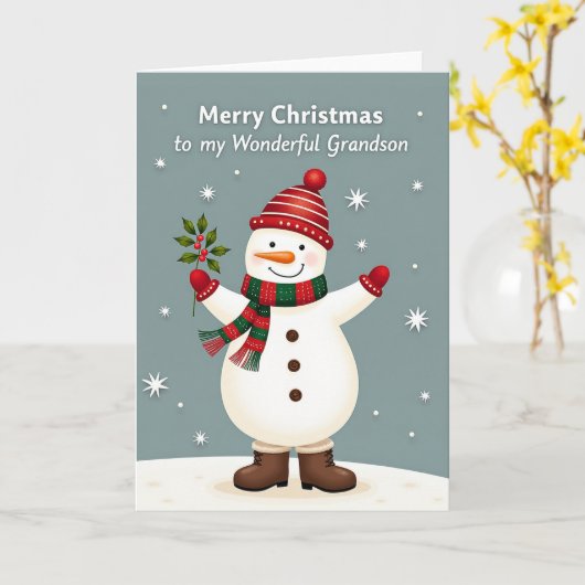 Carte Joyeux Noël Snowman Grandson Card (Fleur jaune)