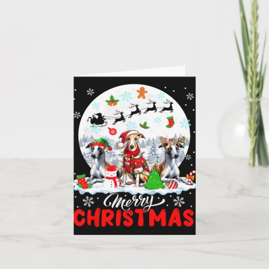 Carte Joyeux Noël trois Père Noël Elf Reindeer Whippets (Devant)