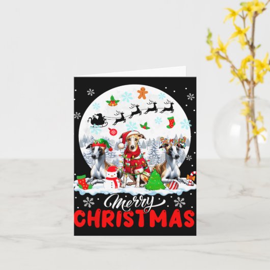 Carte Joyeux Noël trois Père Noël Elf Reindeer Whippets (Fleur jaune)