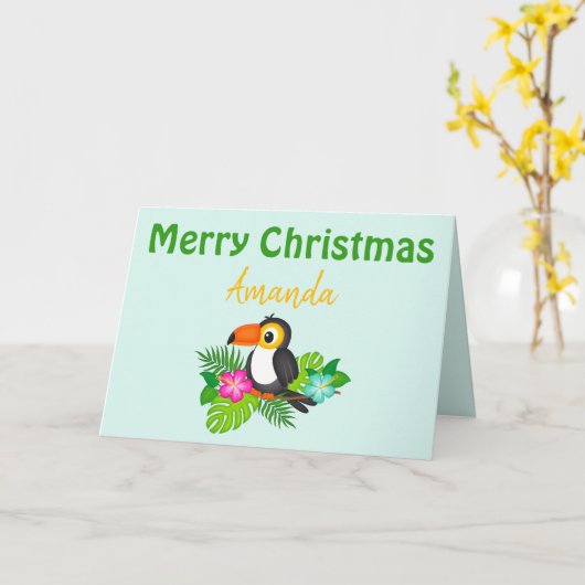 Carte Joyeux Noël tropical Toucan (Fleur jaune)
