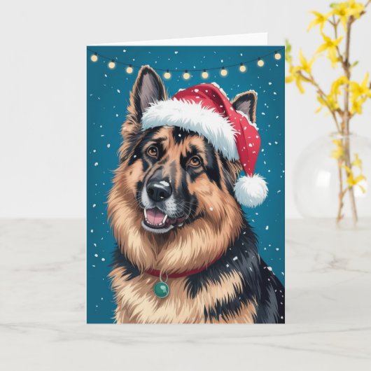 Carte Joyeux Noël Un Berger Allemand Chien à Père Noël (Fleur jaune)
