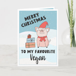 Carte Joyeux Noël végétalien avec porcelet mignon et cad
