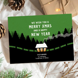 Carte Joyeux Noël vert et noir avec des pins rétro