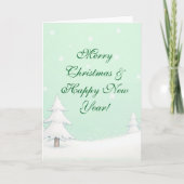 Carte Joyeux Noël vert et pins neigeux (Devant)
