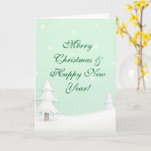 Carte Joyeux Noël vert et pins neigeux (Fleur jaune)