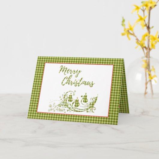 Carte Joyeux Noël vert rouge chèque plaid avec des bougi (Fleur jaune)