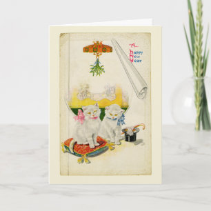 Carte Joyeux Nouvel An Fancy Chat Blanc Vintage