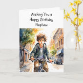 Carte Joyeux Nouvel An Nephew | Garçon en vélo en ville (Fleur jaune)