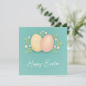 Carte Joyeux oeufs de Pâques et fleurs bleu doux (Debout devant)