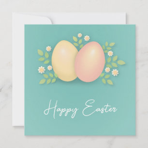 Carte Joyeux oeufs de Pâques et fleurs bleu doux