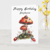 Carte Joyeux Oiseau de champignons Ladybugs (Fleur jaune)