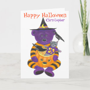 Carte Joyeux Ours Citrouille d'Halloween avec chat et co