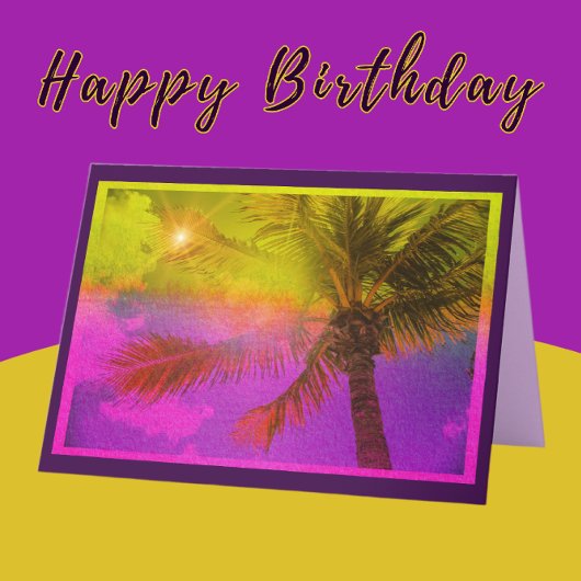 Carte Joyeux palmier et soleil violet anniversaire