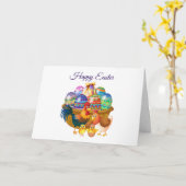 Carte Joyeux Panier à oeufs peints de Pâques et poulet (Fleur jaune)