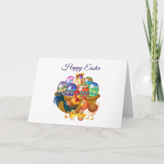 Carte Joyeux Panier à oeufs peints de Pâques et poulet (Devant)