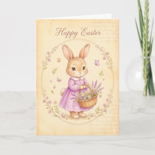 Carte Joyeux Pâques - Lapin en robe violette (Devant)