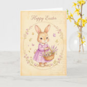 Carte Joyeux Pâques - Lapin en robe violette (Fleur jaune)