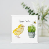 Carte Joyeux Pâques, mignon poussin et bourdon (Debout devant)