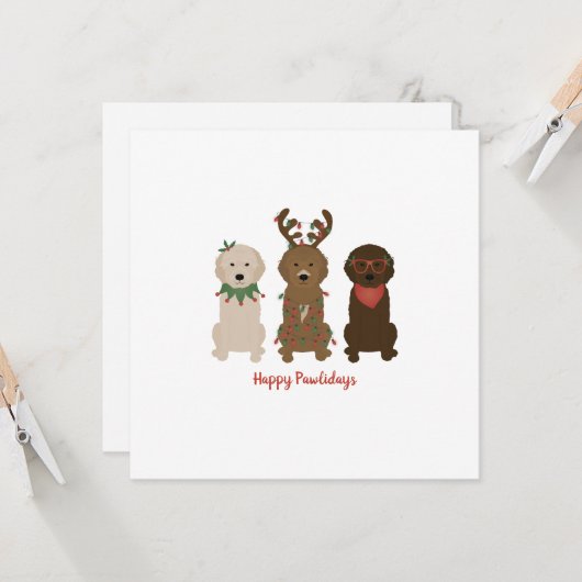 Carte Joyeux Pawlidays Goldendoodle lumières de Noël (Devant/Arrière en situation)