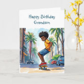 Carte Joyeux petit anniversaire | Garçon en vélo en vill (Fleur jaune)