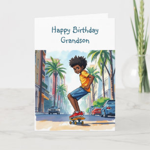 Carte Joyeux petit anniversaire   Garçon en vélo en vill