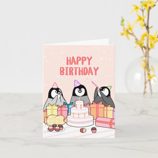 Carte Joyeux pingouins d'anniversaire (Fleur jaune)