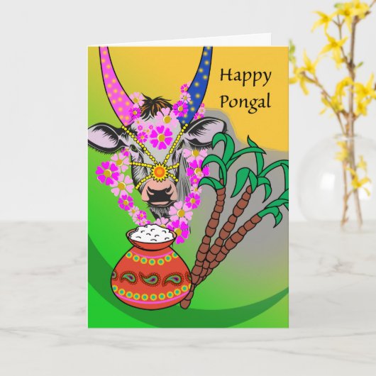 Carte Joyeux Pongal, Vache Décorée, Riz Pongal, Sucre (Fleur jaune)