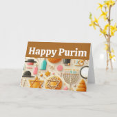 Carte Joyeux Pourim, Étoile de David, Ménorah, Casher, A (Fleur jaune)