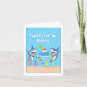 Carte Joyeux premier anniversaire Requins avec gâteau (Devant)