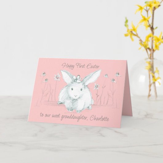 Carte Joyeux Premier Grand-Fille de Pâques lapin blanc (Fleur jaune)