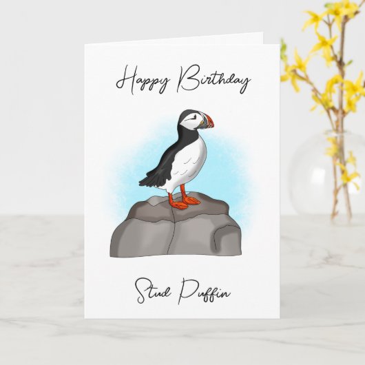 Carte Joyeux Puffin Stud Anniversaire | Funny Pun (Fleur jaune)
