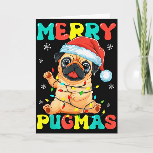 Carte Joyeux Pugmas Pug Noël Santa Pug Xmas Lumières D (Devant)