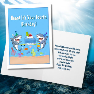 Carte Joyeux quatrième anniversaire Requins avec gâteau