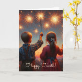 Carte Joyeux quatrième | Enfants avec Sparklers (Fleur jaune)