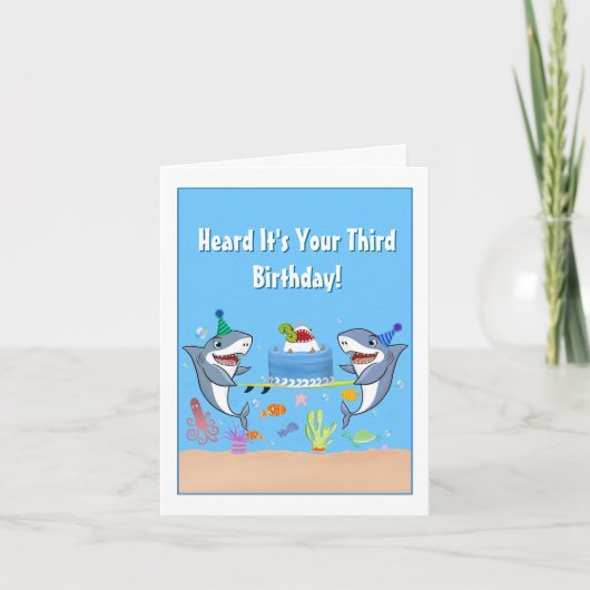 Carte Joyeux requins d'anniversaire avec gâteau (Devant)