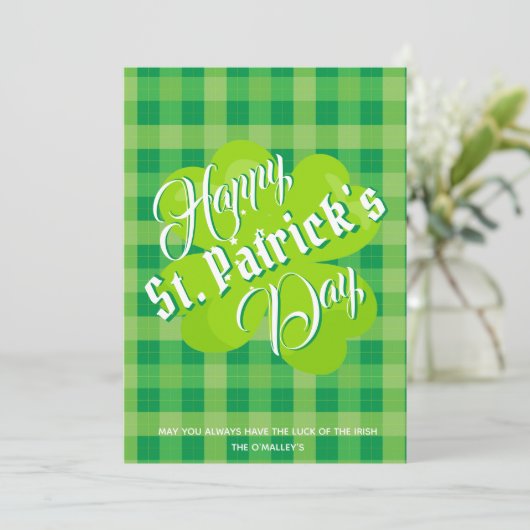 Carte Joyeux Saint Patrick's Day Tartan vert Lucky Clove (Debout devant)