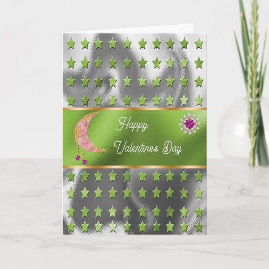 Carte Joyeux Saint Valentin Lune Rose Bijoux & Étoiles (Devant)