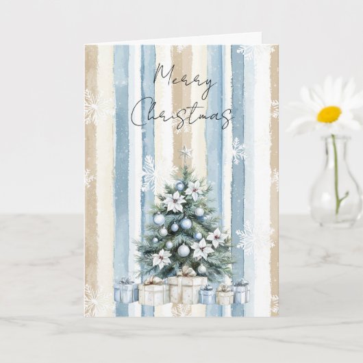 Carte Joyeux sapin de Noël Crème Bleue Flore Snowflakes (Petite plante)