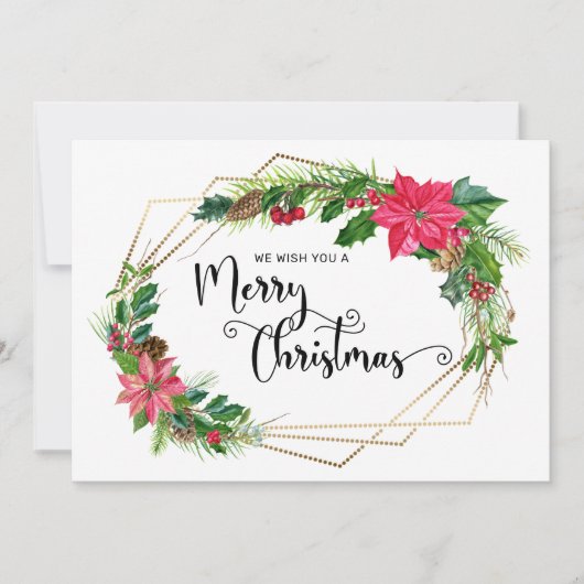Carte Joyeux Script de Noël Floral avec cadre doré (Devant)